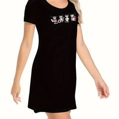 Cartoon Cat Print NightDress Short Sleeve Pajama Dress Women's Sleepwear