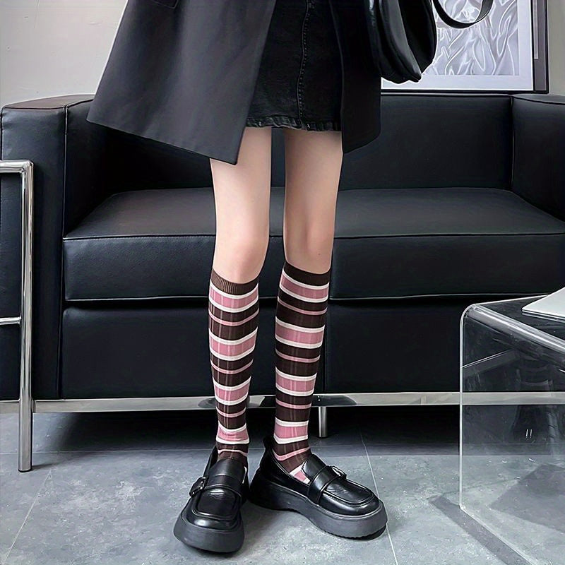 3 Pairs Colorblock Striped Calf Socks College Style Knee High Socks Women's