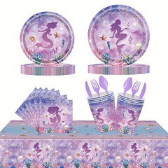 Mermaid Party Supplies Pink & Purple Tableware Set for Kids' Birthdays