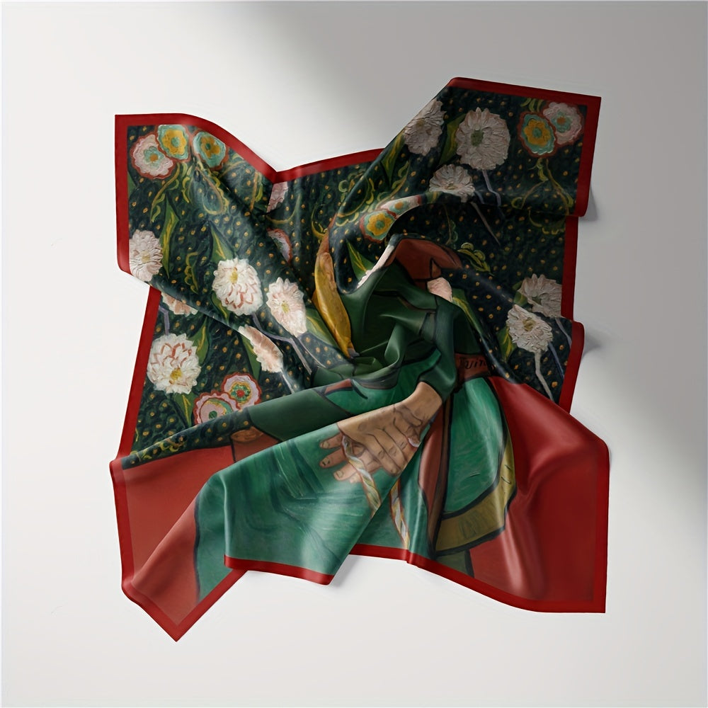 Vintage Green Square Scarf Oil Painting Print Bandana Satin Head Scarf