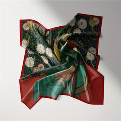 Vintage Green Square Scarf Oil Painting Print Bandana Satin Head Scarf