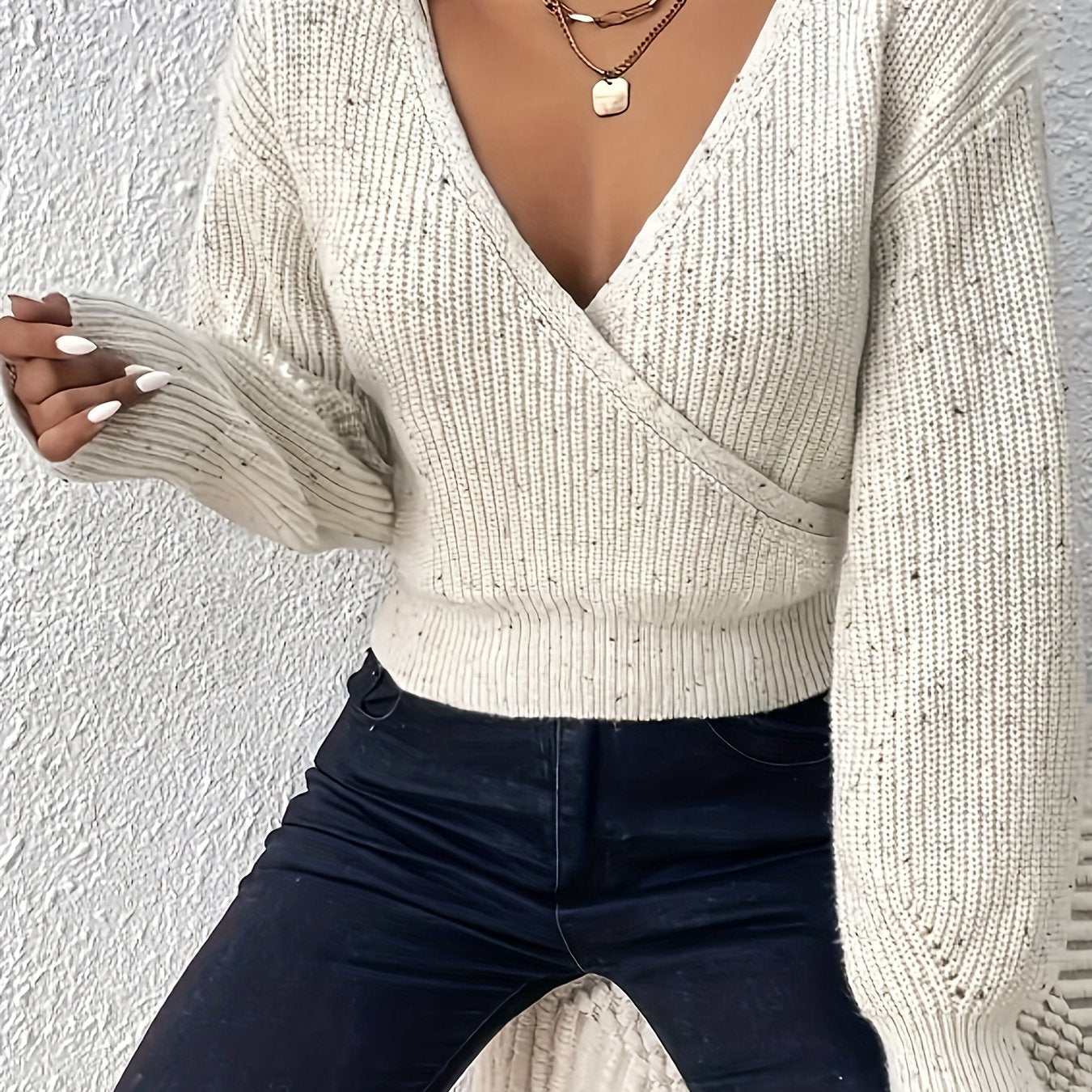 Surplice Neck Knit Sweater Long Sleeve Casual
