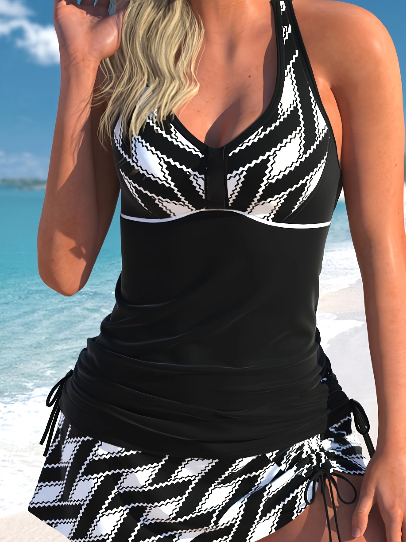 Retro Tankini Set Women's Plus Graphic Print V Neck Side Lace Up Ruche