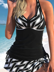Retro Tankini Set Women's Plus Graphic Print V Neck Side Lace Up Ruche