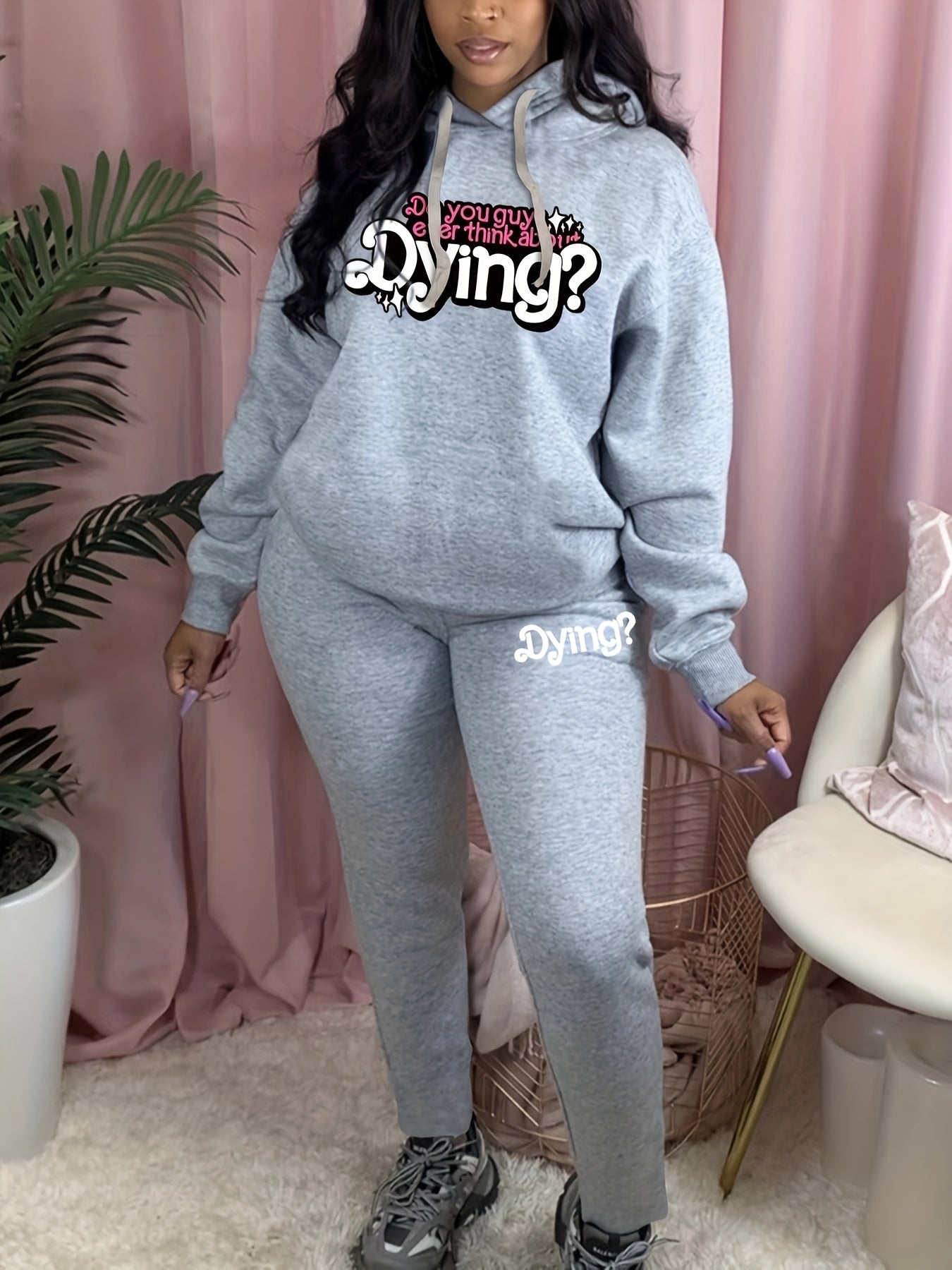 Women's Plus Slogan Hooded Sweatshirt & Sweatpants Set