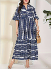Colorblock Geometric Bell Sleeve Maxi Dress