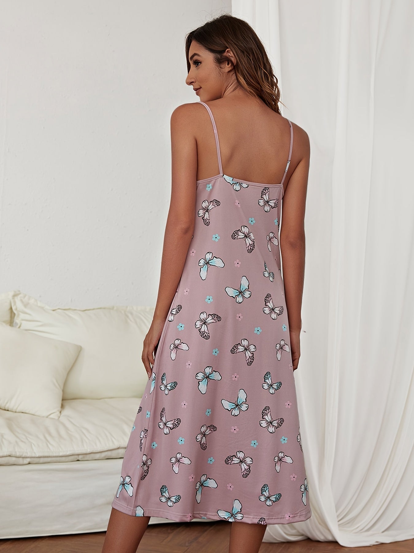 Butterfly Print Backless Nightdress Spaghetti Strap Sleep Dress