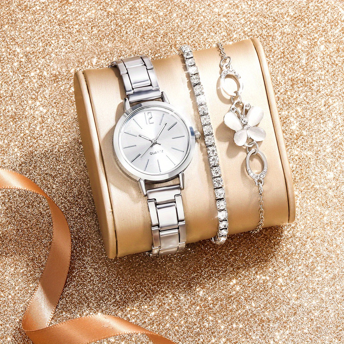 3pcs Small Fresh Alloy Children's Watch Rhinestone Jewelry Set