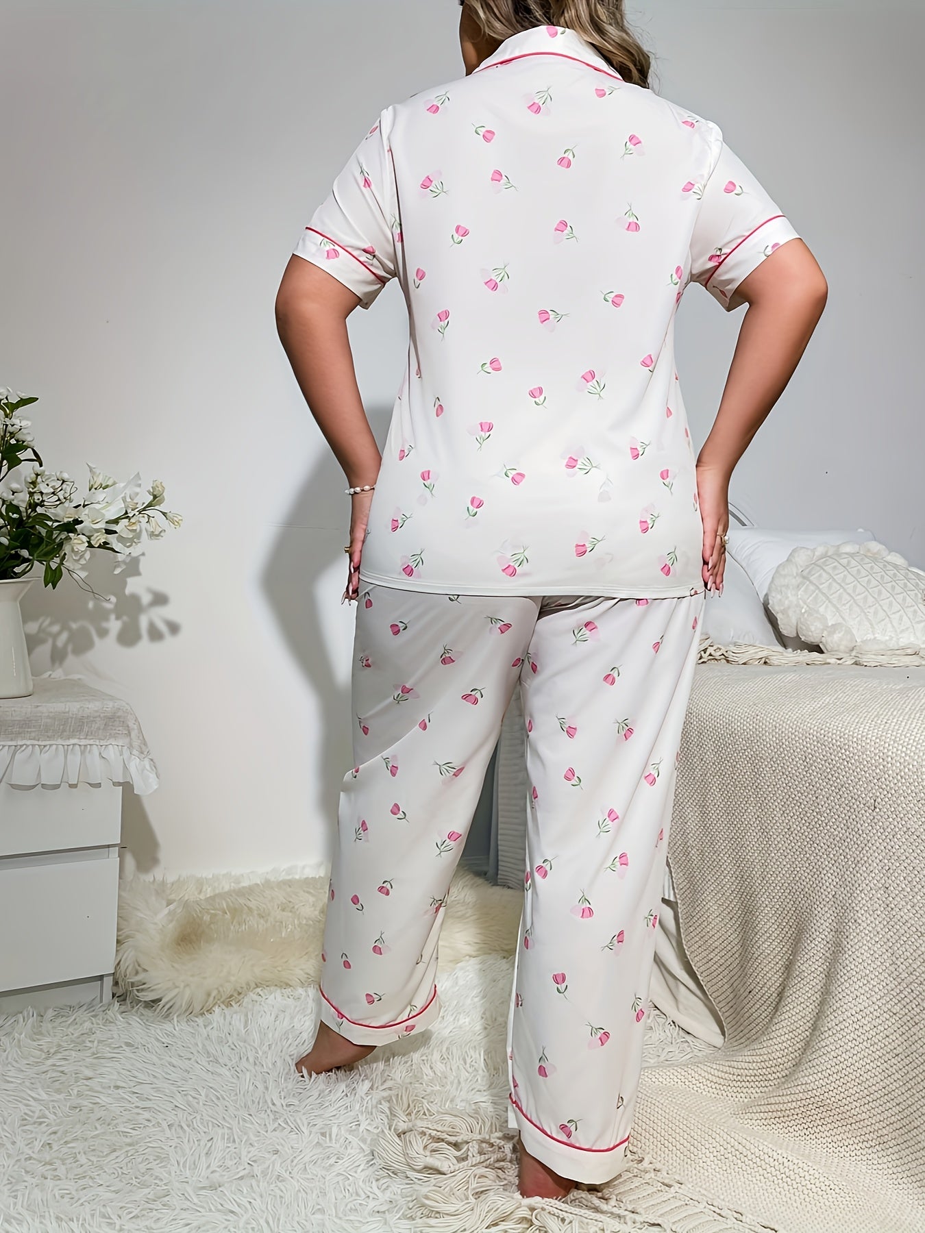 Tulip Print Pajama Set Short Sleeve Button Up Shirt & Pants
