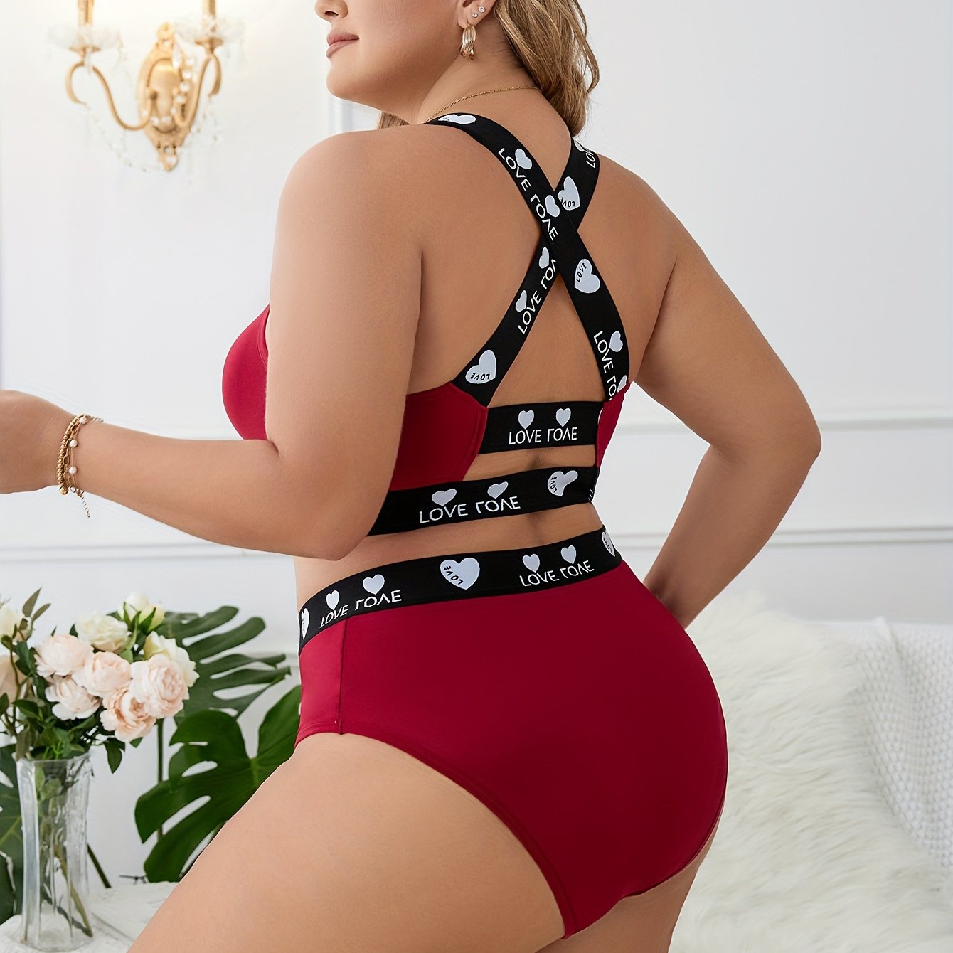 Plus Size Sexy Lingerie Set Letter Tape Crisscross Cut Out Bra & Panty