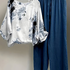 Women's Plus Floral Print Top & Pants Outfits Two Piece Set