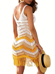 Multicolored V Neck Crochet Cover Up Dress Women's Swimwear