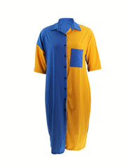 Colorblock Button Up Half Sleeve Shirt Dress
