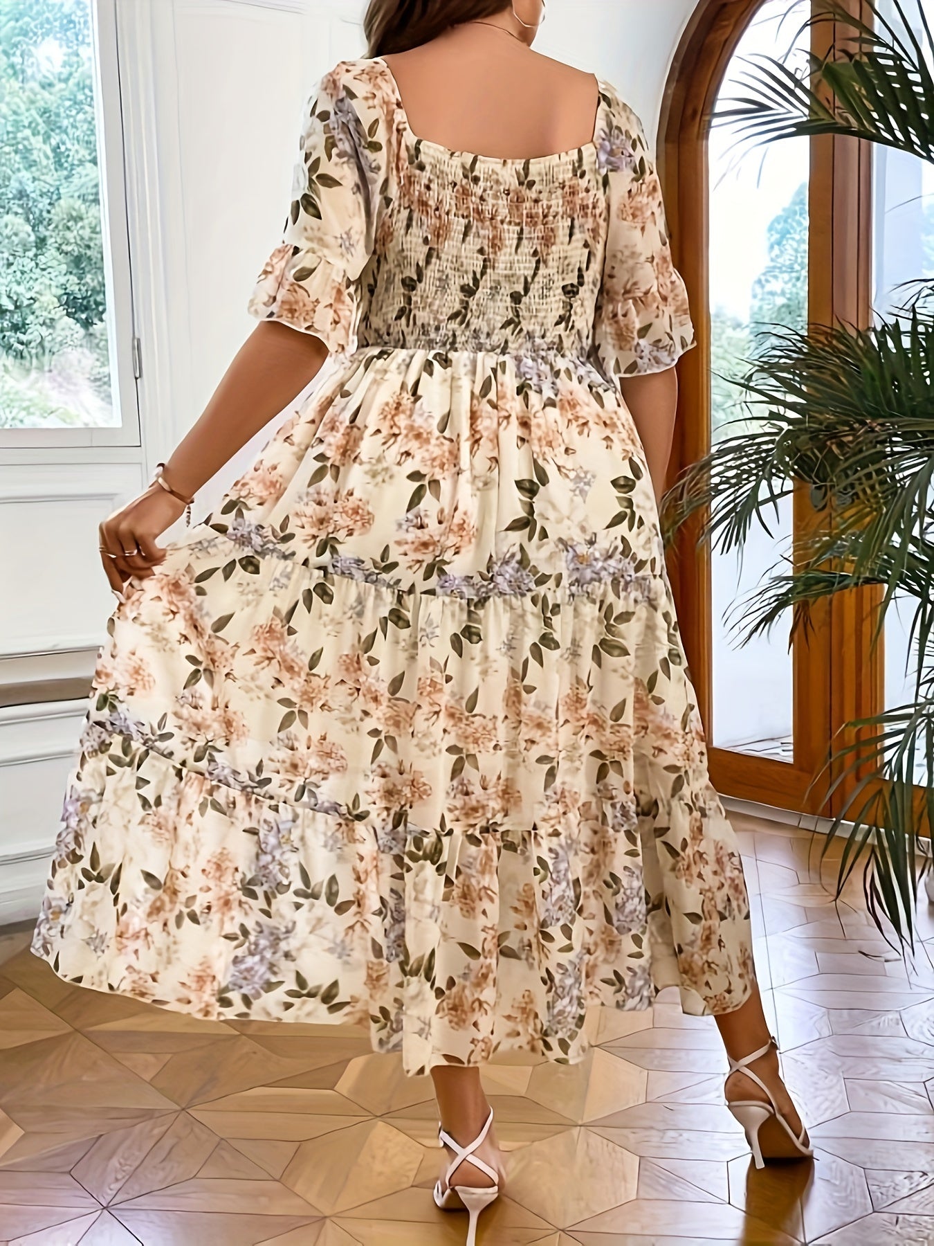 Women's Plus Floral Print Square Neck Maxi Dress