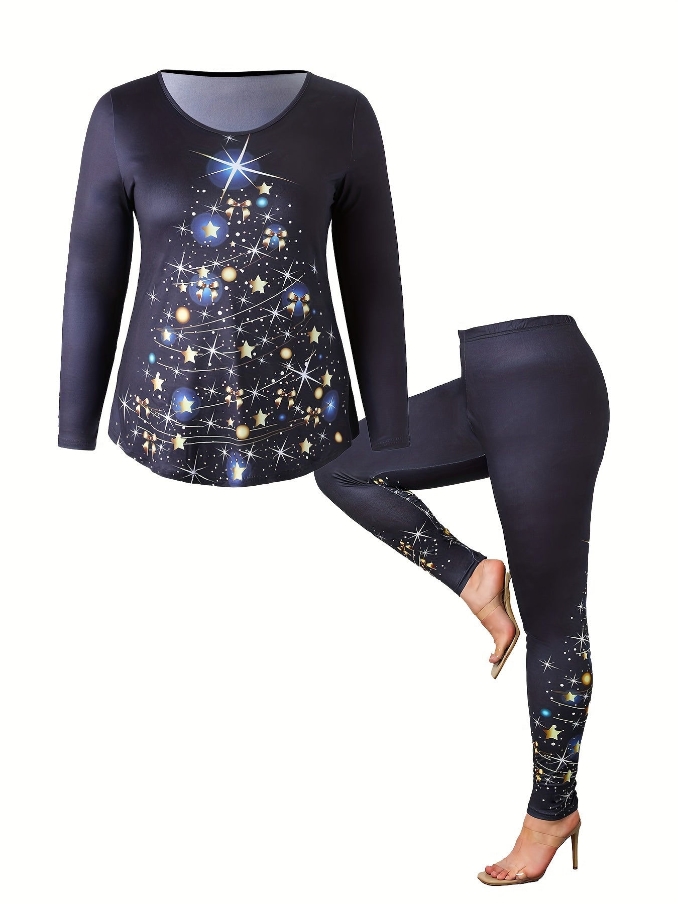 Women's Plus Size Tree Print Top & Leggings 2 Piece Set