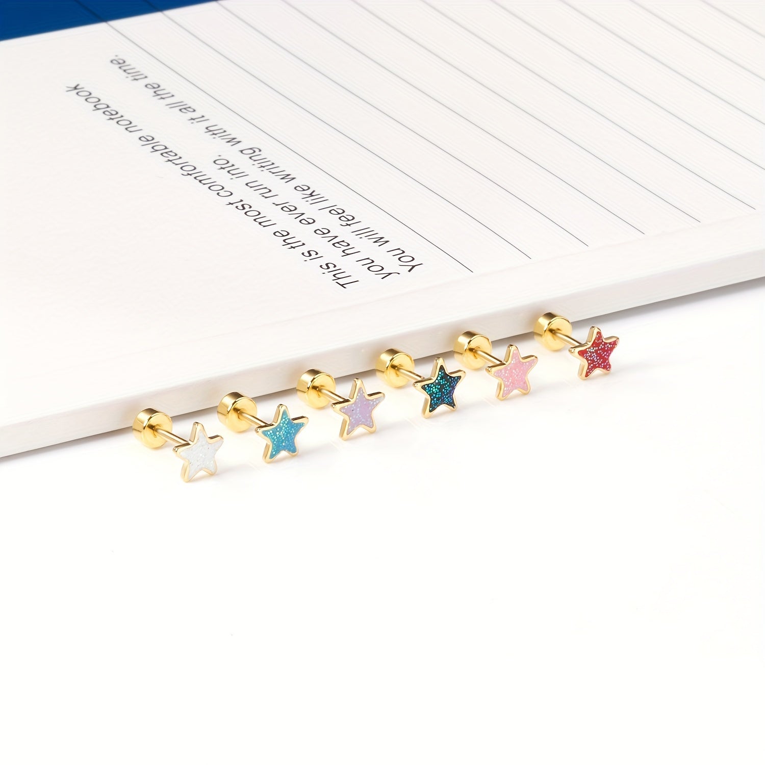 6 Pairs Mini Glitter Pentagram Star Screw Stud Earrings Golden Silver