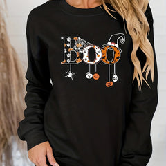 Halloween Print Sweatshirt Crew Neck Casual Long Sleeve Women's Clothing