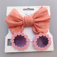 2pcs Girls Bowknot Hair Rope & Flower Sunglasses for Sun Protection