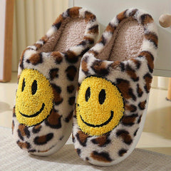 Women's Smile Face Pattern Slippers Leopard Print Plush Lined Shoes