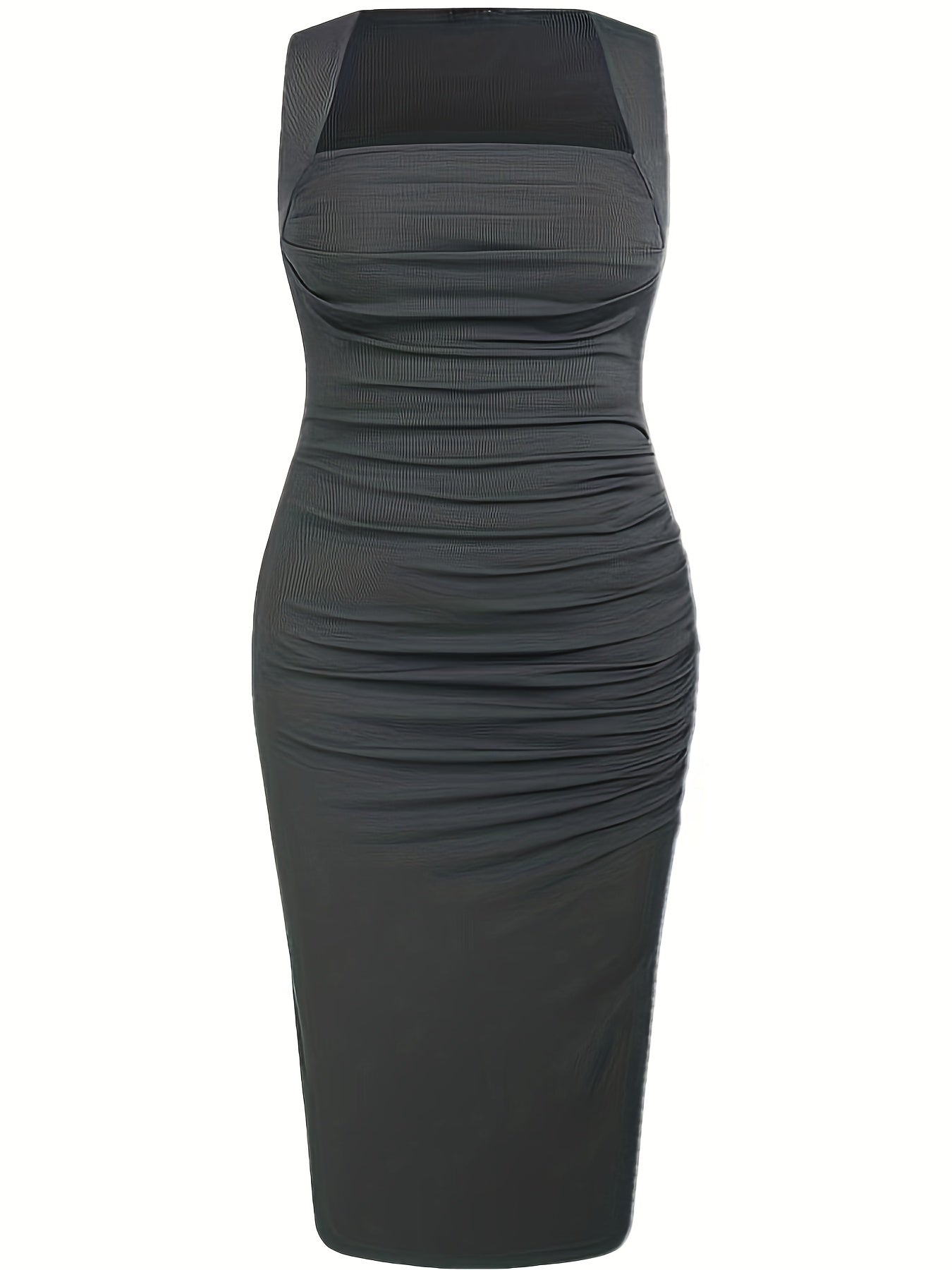 Solid Ribbed Square Neck Ruched Bodycon Dress