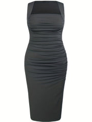 Solid Ribbed Square Neck Ruched Bodycon Dress