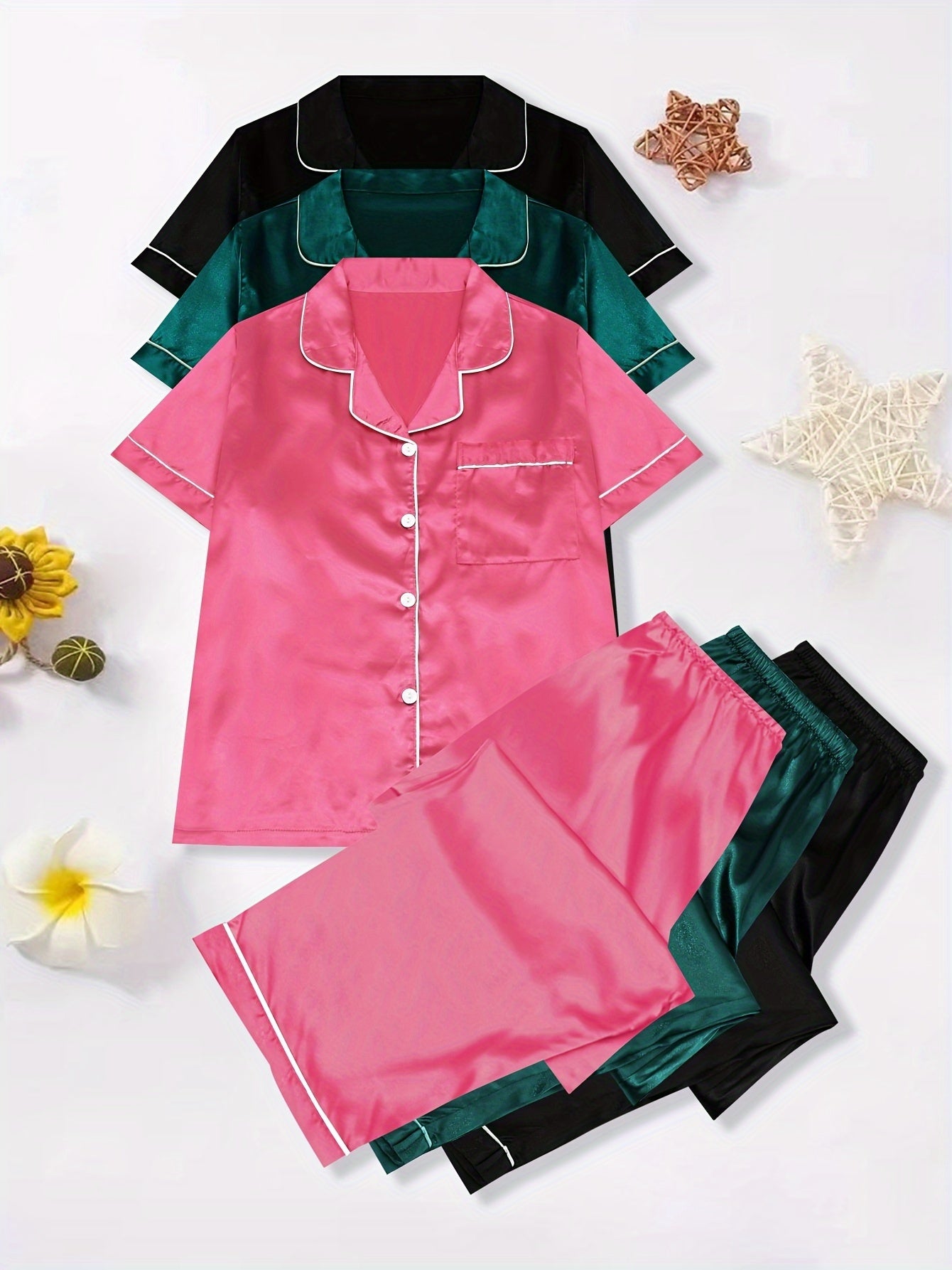 6 Pack Plus Size Pajamas Set Women's Plus Contrast Binding Short Sleeve