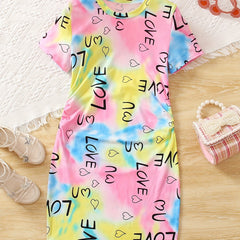 Girls Rainbow Tie Dye & Letter Graphic Short Sleeve Dress For Going Out Party