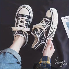 Women's Platform Canvas Print Lace Up Low Top Shoes