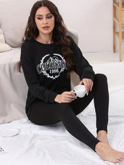 Letter Print Lounge Set Crew Neck Top & Elastic Waistband Pants