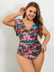 Swimsuit Women's Plus Print V Neck Ruffle Trim Bathing Suit