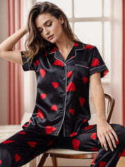 Heart Print Pajama Set Short Sleeve Top & Pants Women's Sleepwear