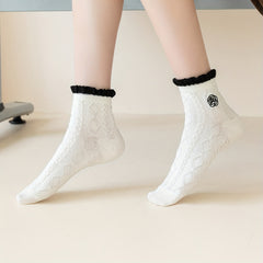 4 Pairs Textured Ruffle Socks Embroidery Short Socks
