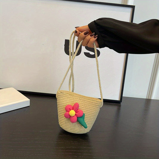 Kids Straw Woven Mini Shoulder Bag Girls Travel Crossbody Coin Purse