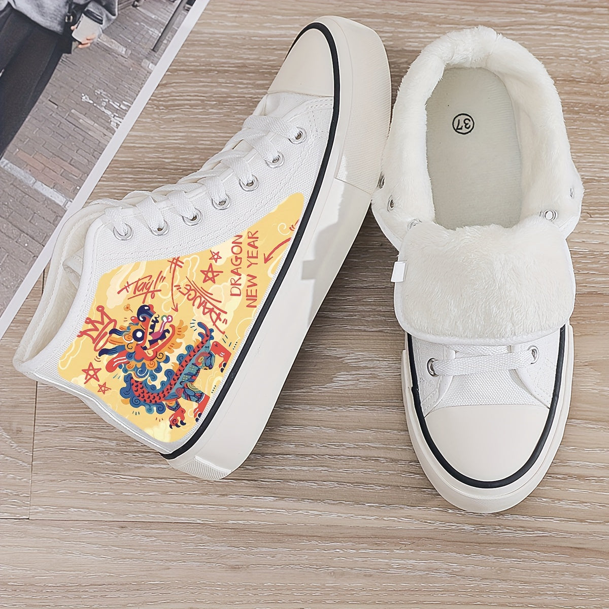 Dragon Print Plush Lined Thermal Chunky Canvas Sneakers