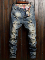 Men's Slim Fit Ripped Jeans Casual Street Style Vintage Denim Pants