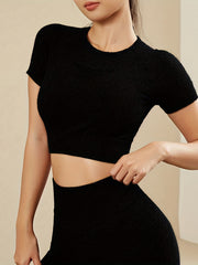 Solid Crew Neck Tank Tops Short Sleeve Yoga Crop Tops
