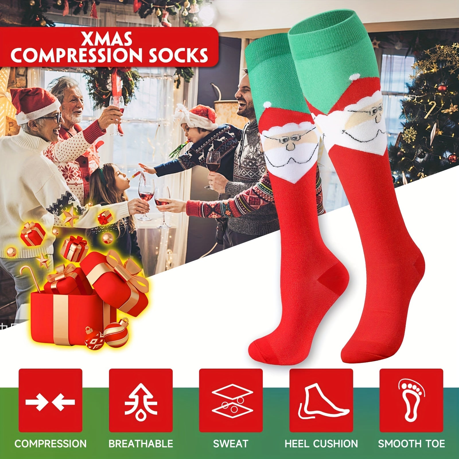 4 Pairs Christmas Compression Socks for Women & Men 20-30 mmHg