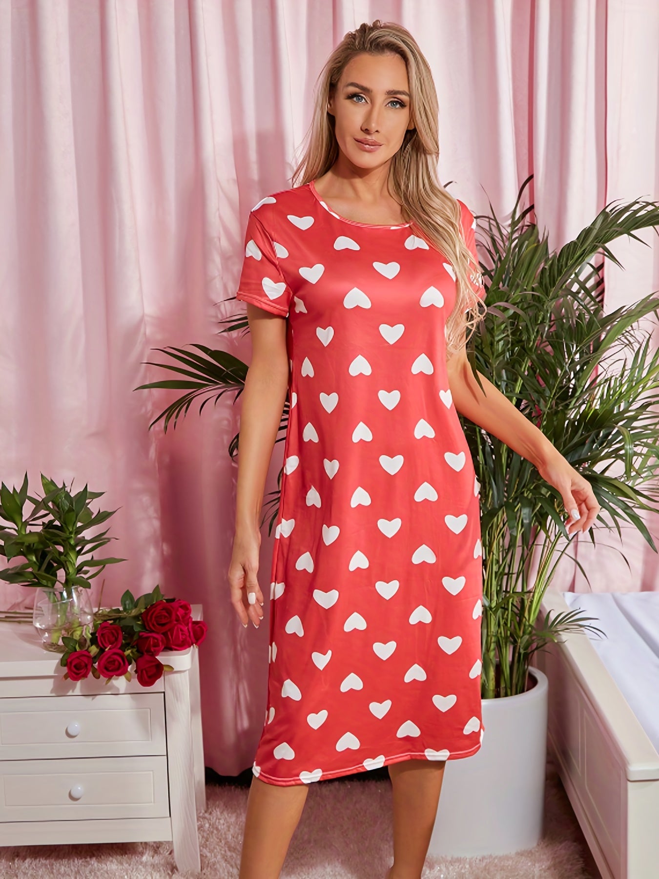 Love Print NightDress Short Sleeve Pajama Dress Women's Sleepwear