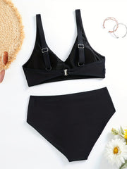 Green V Neck Bikini Set Ruched Back Buckle Backless High Cut Swimsuit