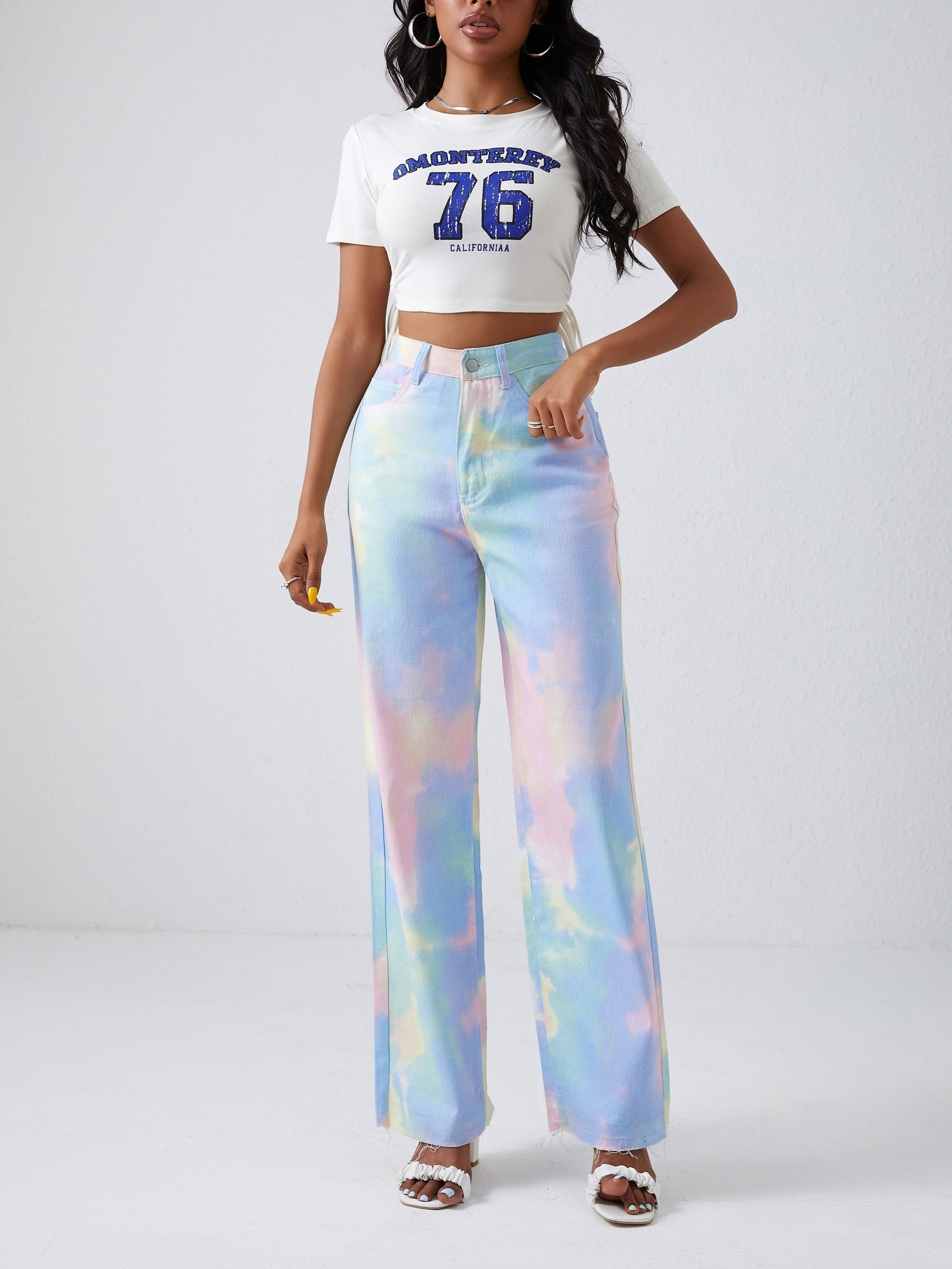 Tie Dye Straight Jeans Raw Cut Loose Fit Denim Pants