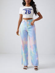 Tie Dye Straight Jeans Raw Cut Loose Fit Denim Pants