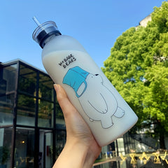 1000ml Frosted Bear Water Bottle w/ Straw - Outdoor Sports & Fitness