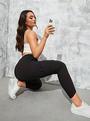 Solid Skinny Pants Drawstring Waist Flap Pocket Casual Pants