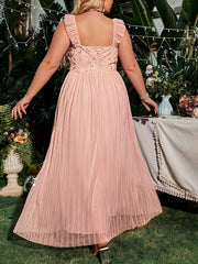 Golden Leaf Print V Neck Ruffle Trim Mesh Overlay Plus Size Bridesmaid Dress