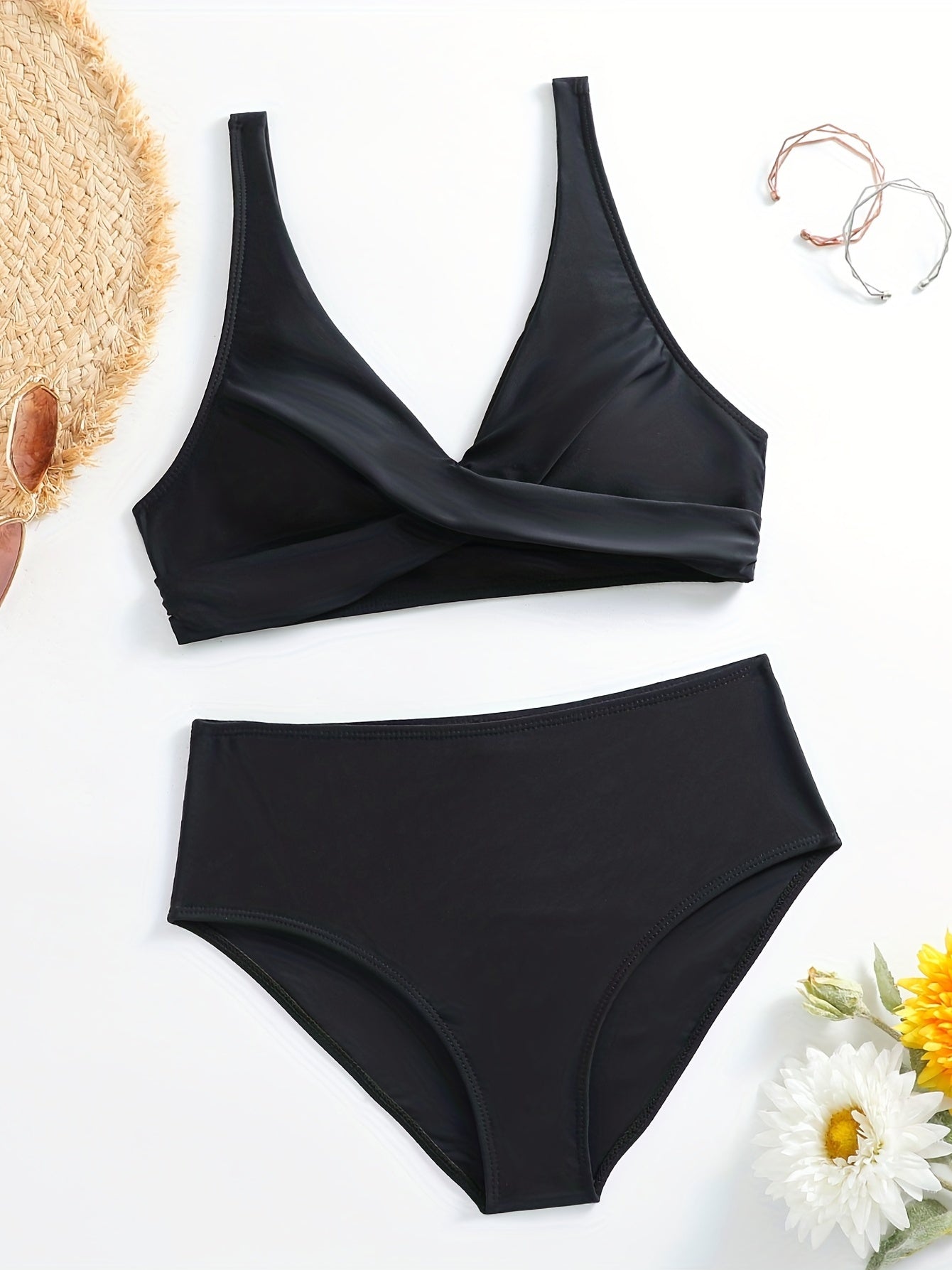 Green V Neck Bikini Set Ruched Back Buckle Backless High Cut Swimsuit
