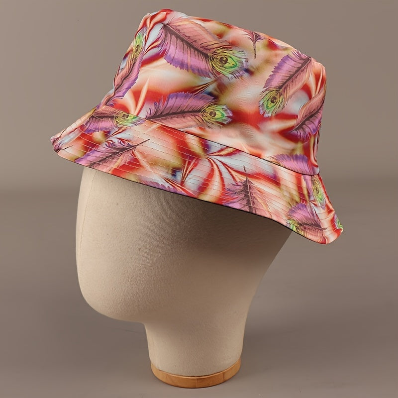 Pink Reversible Bucket Hat Purple Feather Fisherman Cap