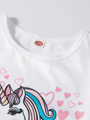 Unicorn Cartoon Long Sleeve Top & Heart Graphic Pants Pj Set