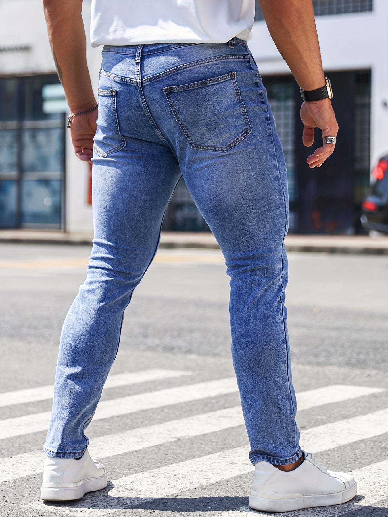 Men's Slim Fit Ripped Cotton Jeans Street Style Stretch Denim Pants