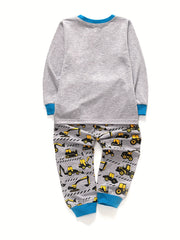 Boys 2pcs Car Print Pajama Set Long Sleeve Top & Trousers Round Neck Comfortable