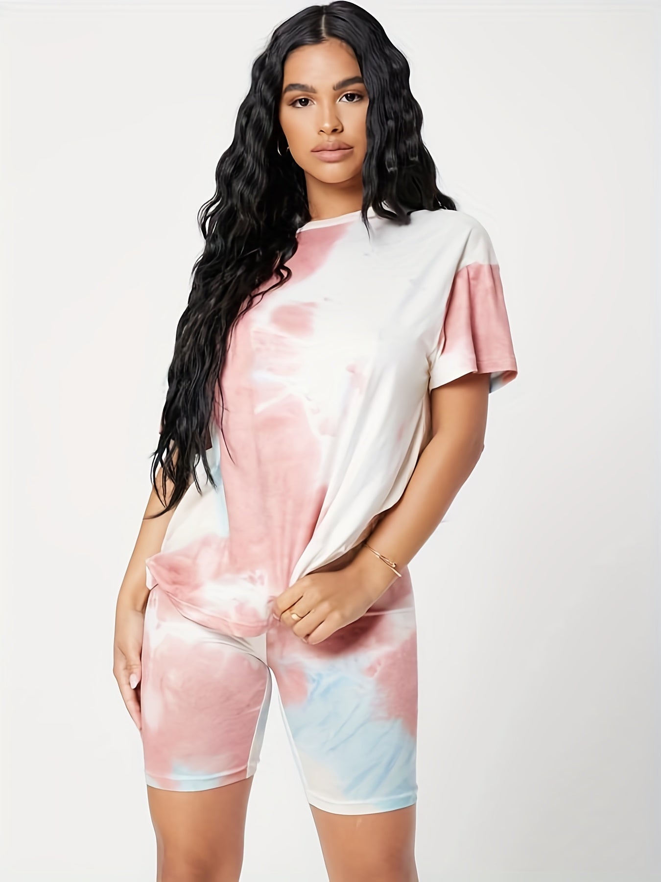 Casual Tie Dye Two-piece Set Short Sleeve Crew Neck Top & Leggings